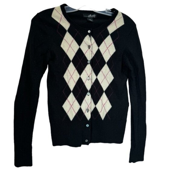 Willi Smith Vintage Y2K 100% Merino Wool Argyle Cardigan Sweater Preppy Minimal - Picture 2 of 15
